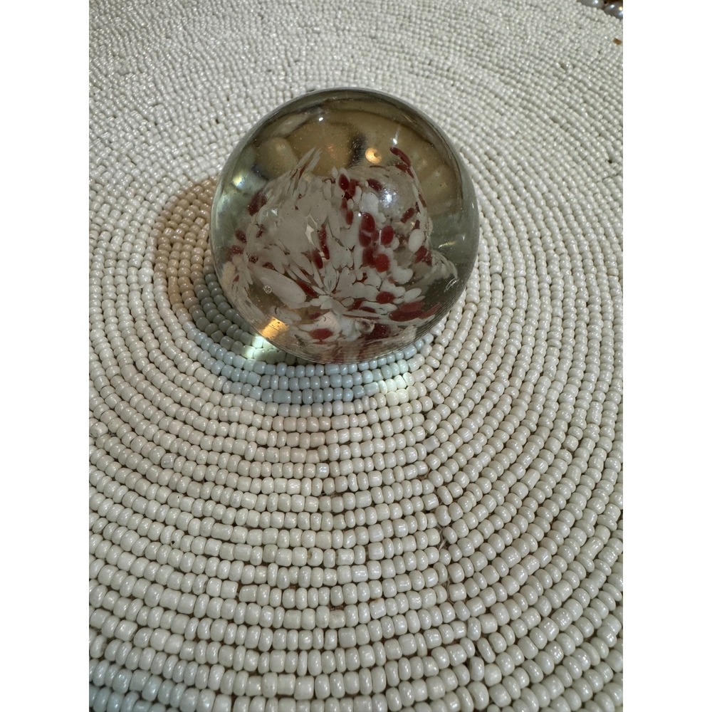Art Glass Paperweight Red White Floral Flower‎ Design Desk Decor Collectible